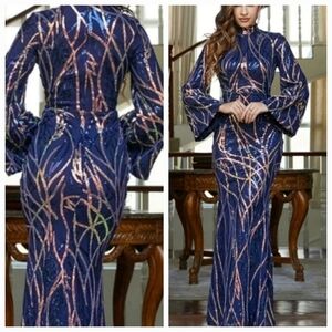 Blue mock neck long sleeve, trumpet Mermaid Maxi Gown